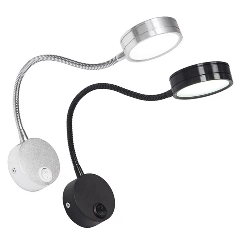 Silver Black LED Wall Lamps with Switch 3W 5W AC85-265V Bedroom Bedside Reading Light Direction Adjustable Indoor Lighting
