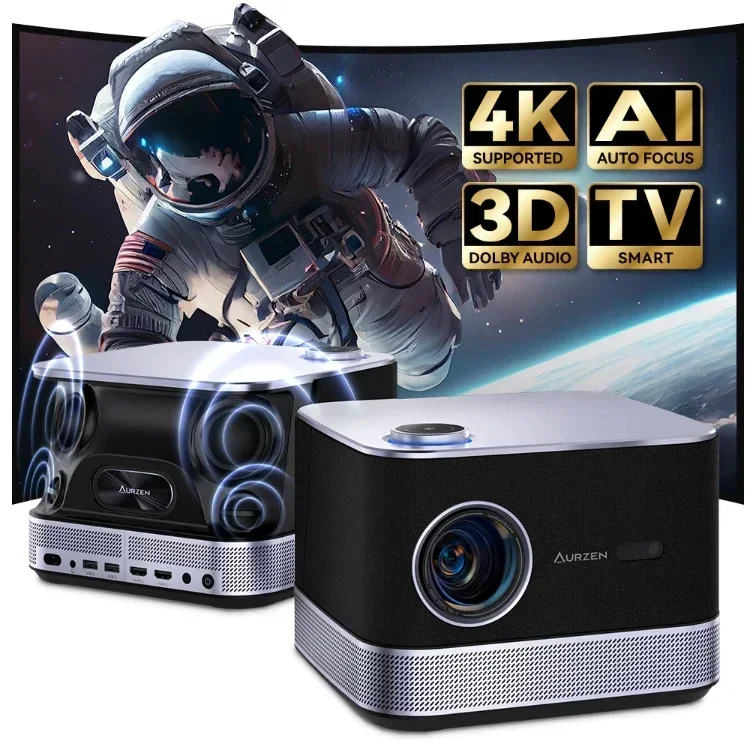 Aurzen Boom 3 Black All-ln-One Projector Native 1080P 4K HD Supported Projector Home Theater with 36W Strong Speakers