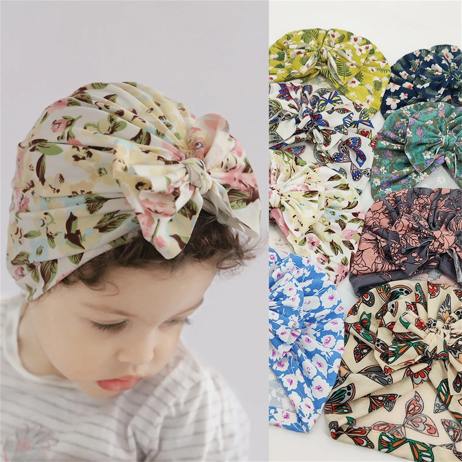 Cute Baby Hair Accessory Organizer Hat Toddler Cap Flower Print Boys Bow Knot Turban Infant Elastics Girls Baby Cute Accessories