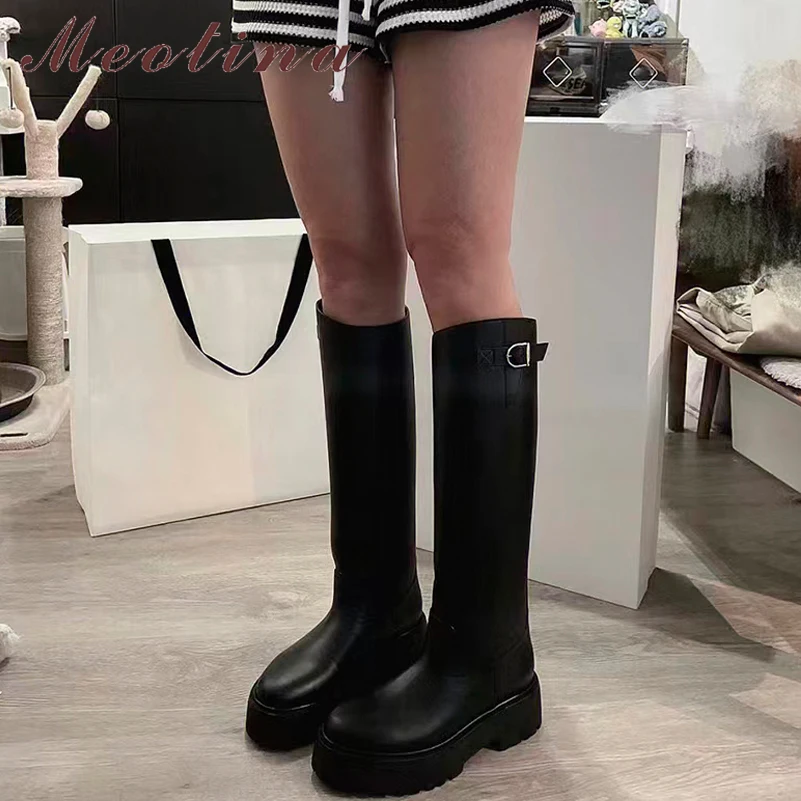 Meotina Brand Design Women Genuine Leather Knee High Boots Riding Boots Ladies Platform Thick Heel Autumn Winter Shoes Beige 41