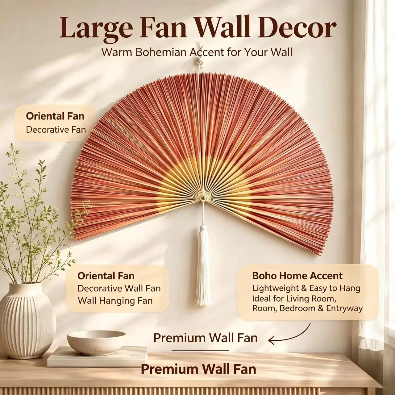 Handcrafted Bamboo Woven Hanging Fan in New Chinese Style, Elegant Wall Decor Pendant for Hotel, Homestay, Wedding Scene Layout