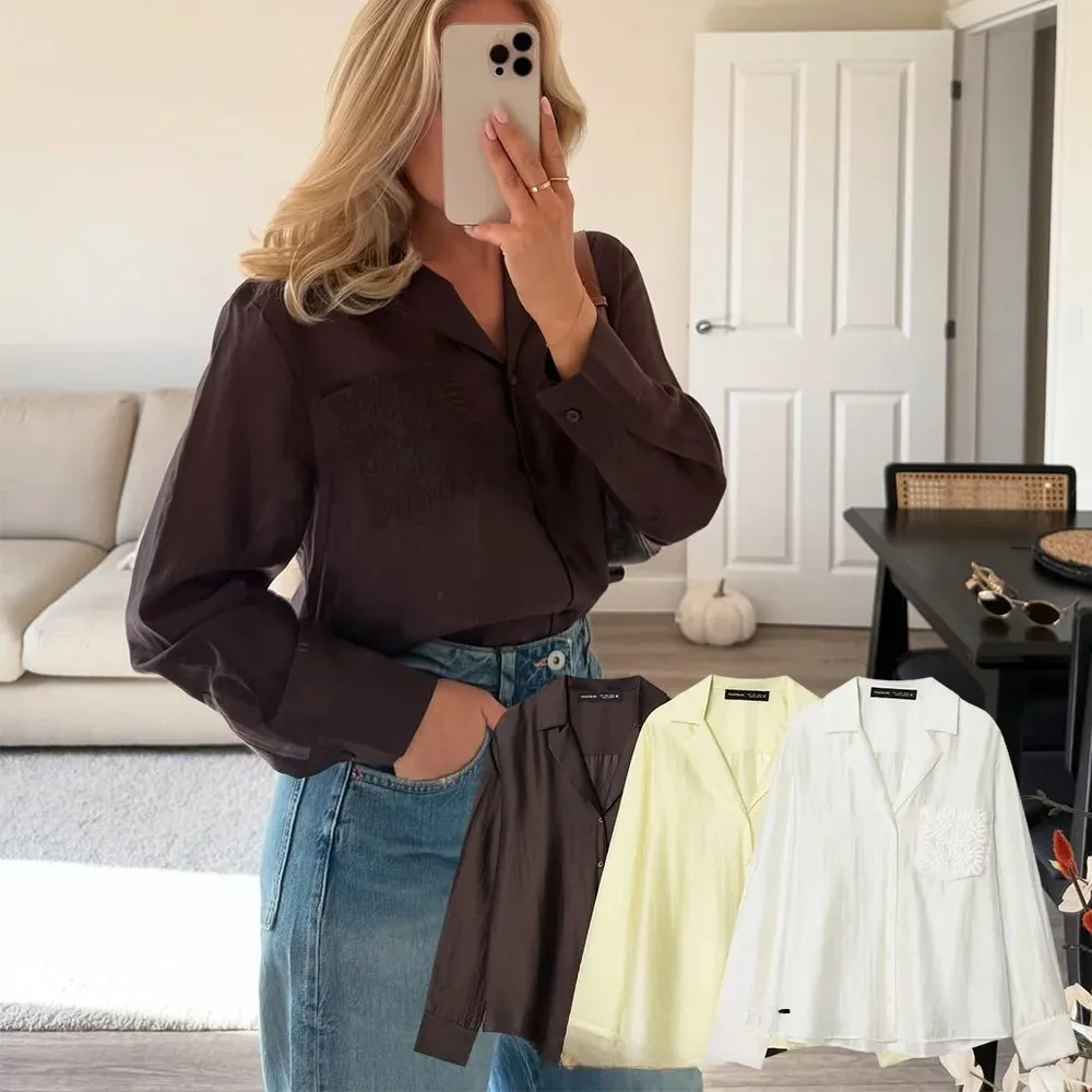 

KONDALA Casual Chic Brown Loose Shirts Women V Neck Embroidery Long Sleeve Fall Shirts Fashion 2025 Autumn Office Lady Blouses
