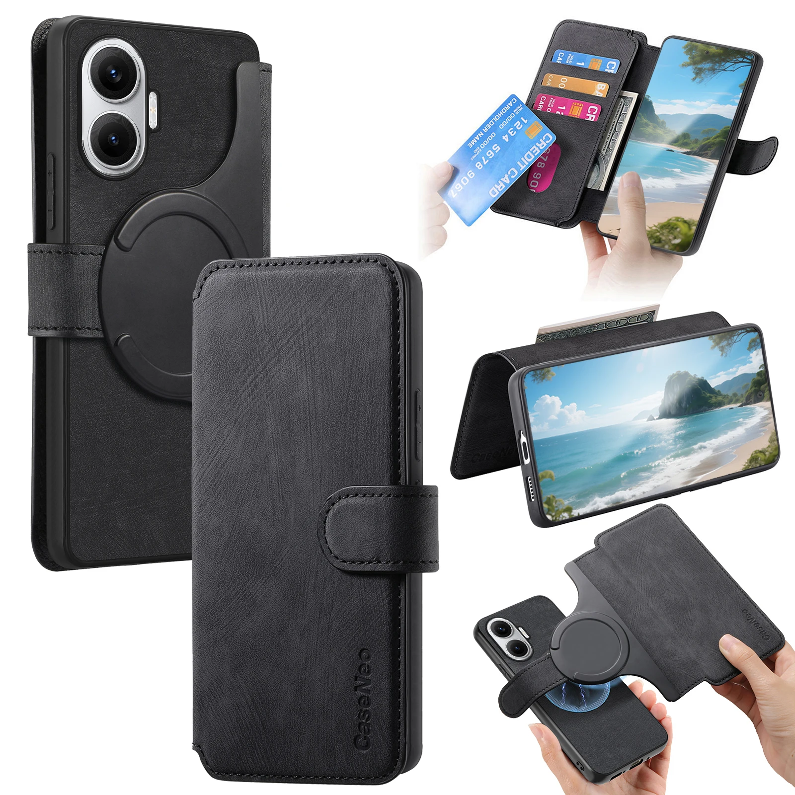 

Для Xiaomi Redmi Turbo 4 Pro 5G Магнитный чехол CASENEO Съемный кожаный чехол-бумажник для телефона - черный