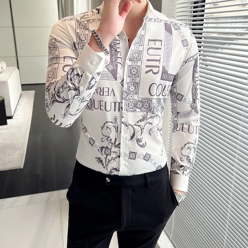 2024 Boutique Men\'s Fashion Gentleman Business Slim Senior Sense Trend Individuality Printed Office Casual Long-sleeved Shirt