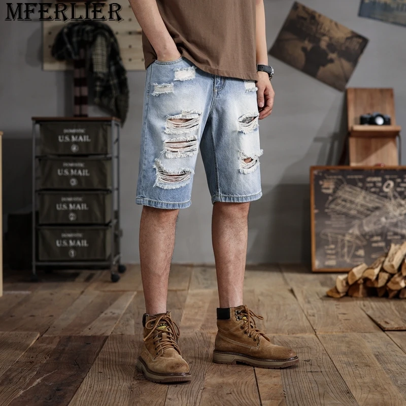 Shorts jeans com buracos quebrados para homens, tamanho grande, algodão, meio cavalo, lavado, 42 44 46 48