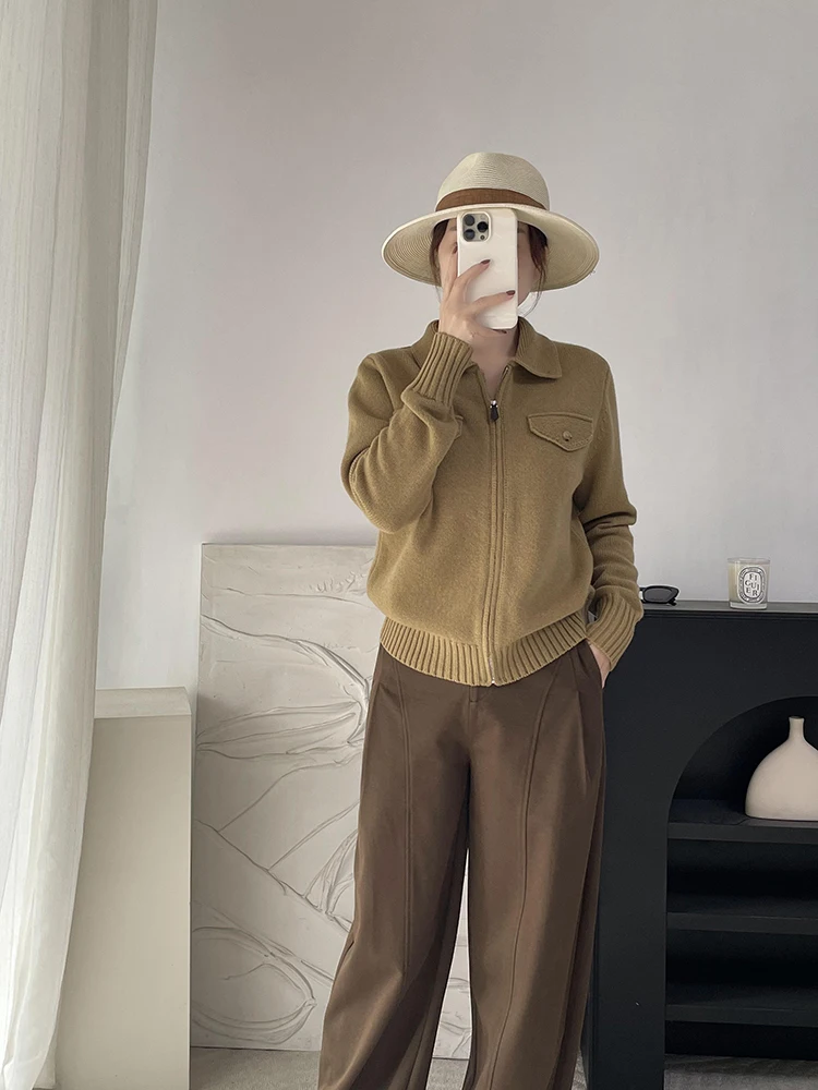 

Ele Zipper Knitted Woolen Cardigan Collar ket Design Warm Outerwear for Women Straight Cut Sle Online Exclusive