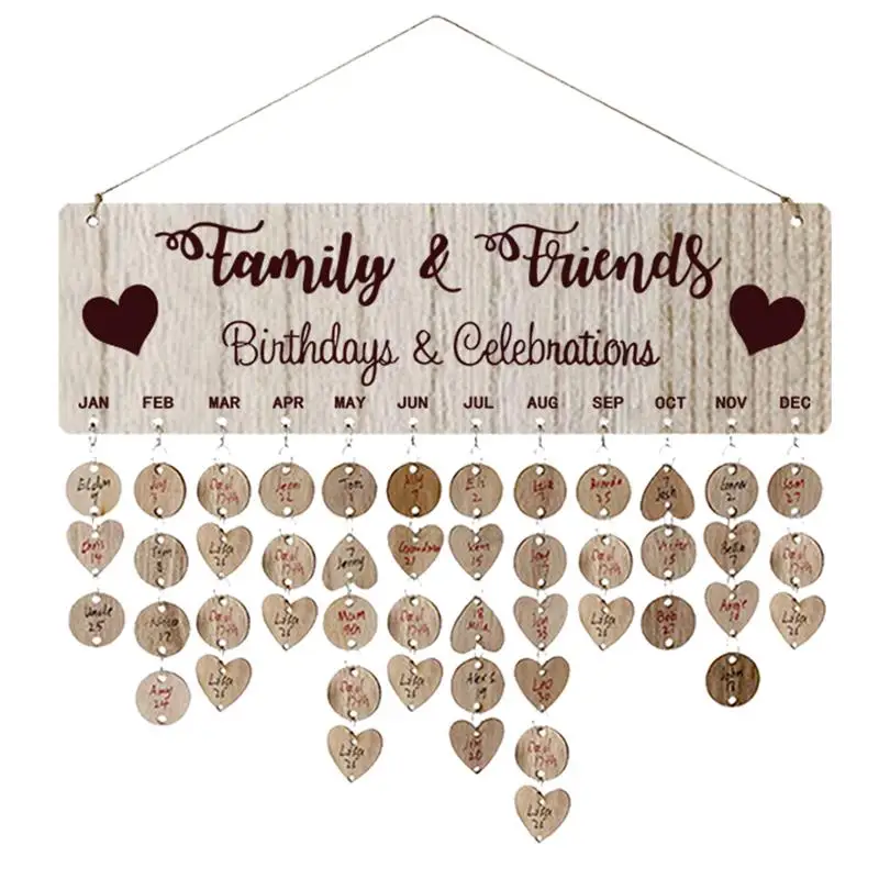 

1 Set Wooden Hanging DIY Calendar Reminder Board Plaque Home Decoration with 50 Round Pendants and 50 Heart Shaped Pendants