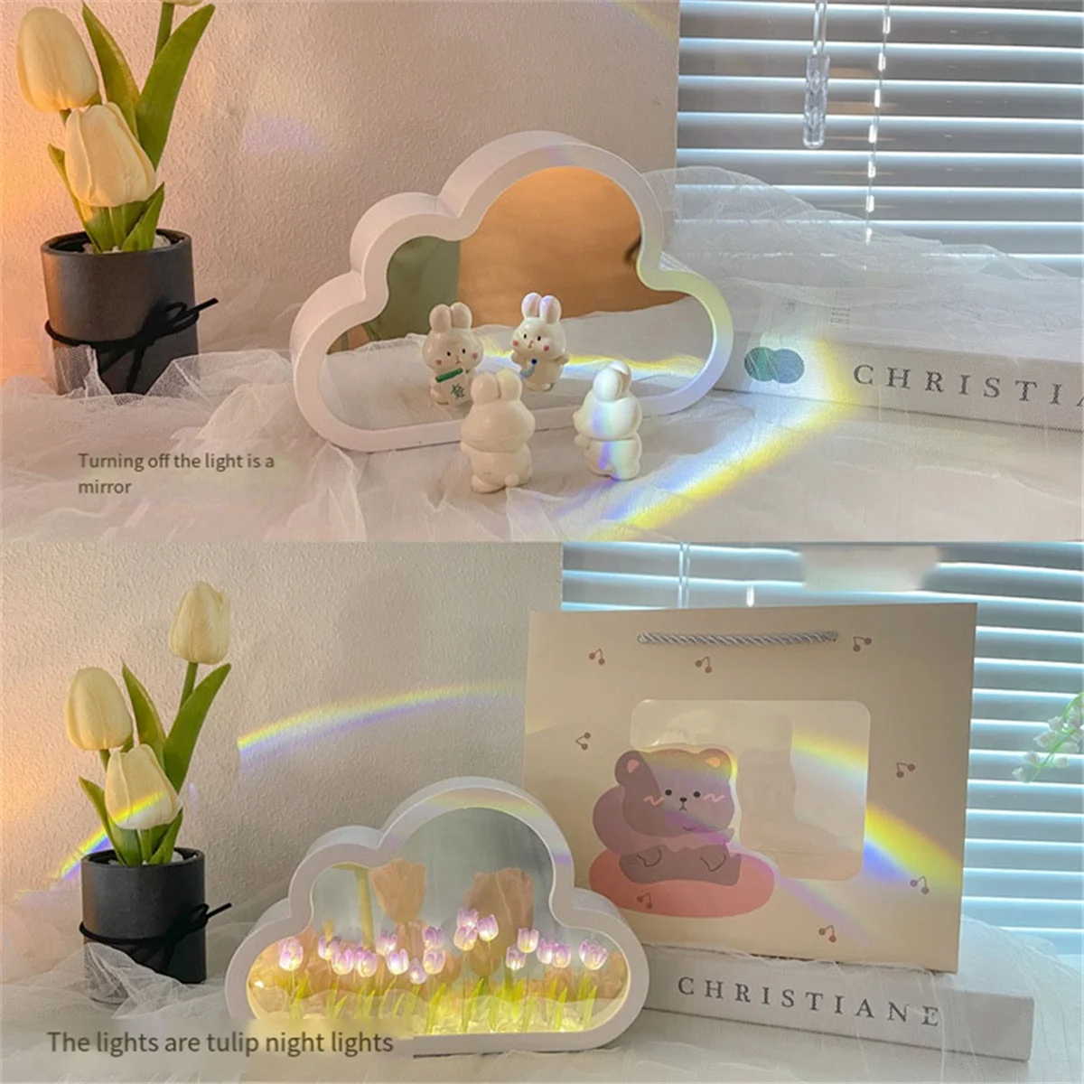 DIY Cloud Tulip LED Night Light Girl Bedroom Ornaments Photo Frame Mirror Table Lamps Bedside Handmade, C