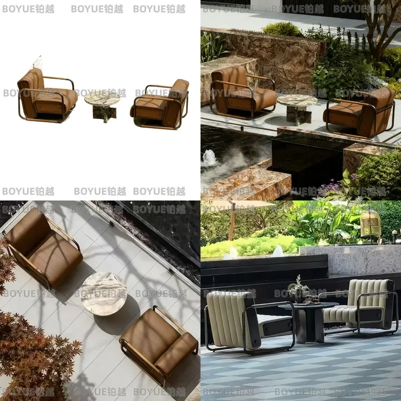 Luxury Outdoor Leather Sofa Set for Garden Patio Villa Courtyard Yacht Deck Hotel Lounge Furniture Waterproof Sunproof