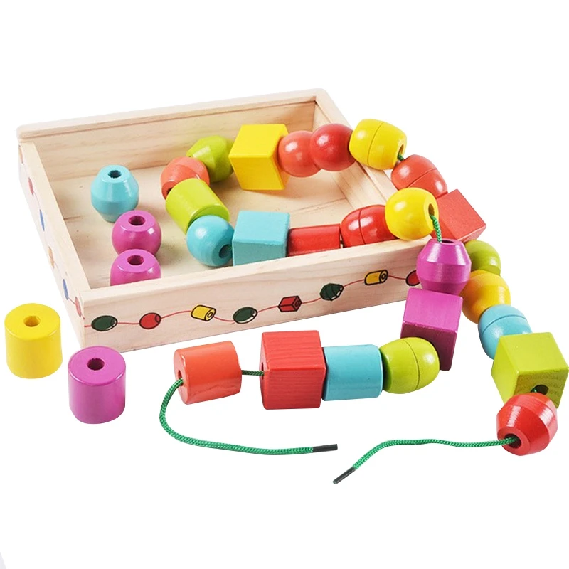 BAAA-dzieci kształt geometryczny drewniane klocki gwintowanie koraliki sortowanie układanie i podłączanie zabawki edukacyjne prezent dla malucha