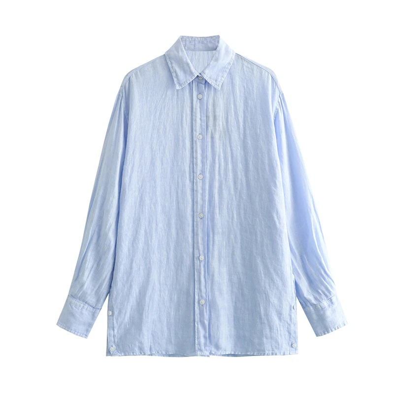 YENKYE nuove donne rosa blu camicia di lino allentata manica lunga colletto con risvolto primavera estate camicetta Casual femminile ropa de mujer