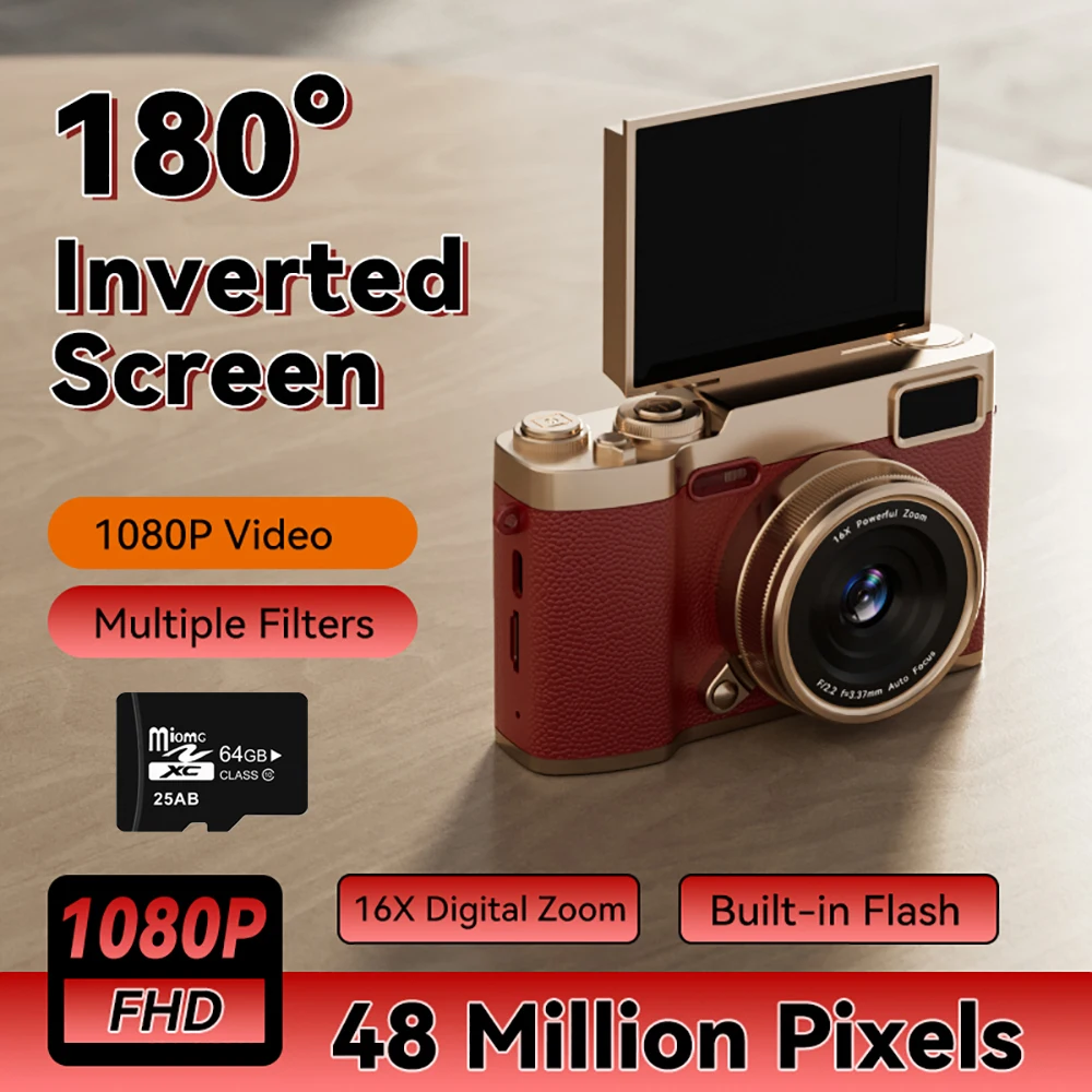Cámara Digital 1080P de 48 Millones de Píxeles, Videocámara Infantil con Zoom 16x y 180° °   Cámara Compacta con Pantalla Abatible, Autoenfoque y Función Selfie para Niños y Adultos