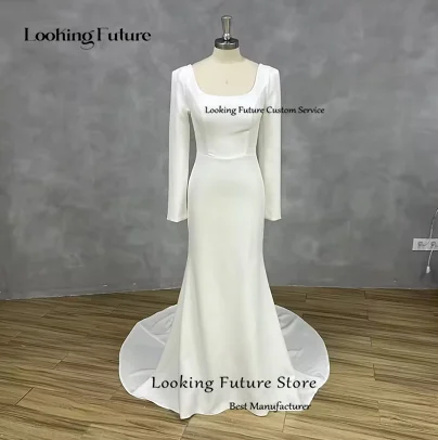 Customized Simple Sexy Mermaid White Wedding Dress Satin Backless Zipper Pleat Long Sleeve Bridal Gown Square Collar Court Train