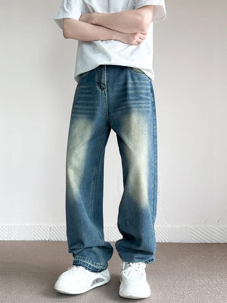 

Streetwear Vintage Blue Wide Jeans Men Korean Fashion Washed Casual Trousers Male Straight Personality Baggy Denim Pants