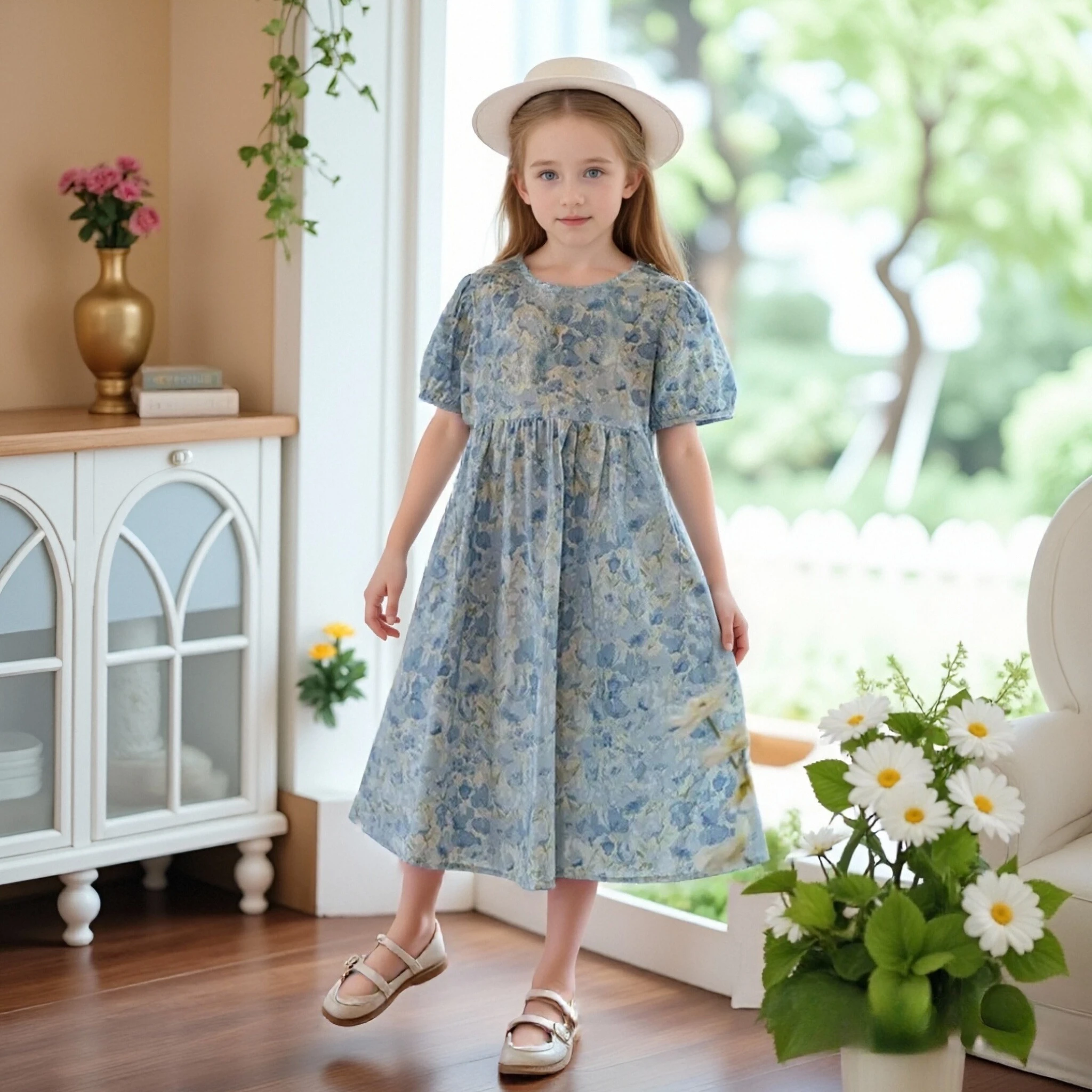 Girls Summer Floral Dress 2026 New Fashion Children Casual Beach Dress Summer Blue Elegant Puff Sleeve Daily Wear Princess Dress