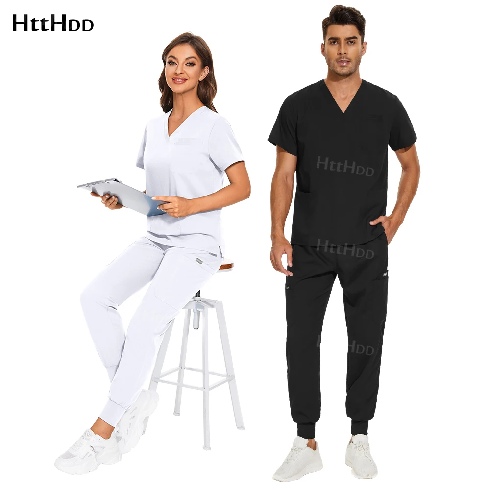 Conjunto de calça top e jogging masculino e feminino com decote em v curto, esfoliante médico, esfoliante de enfermagem, médico, alta qualidade, por atacado