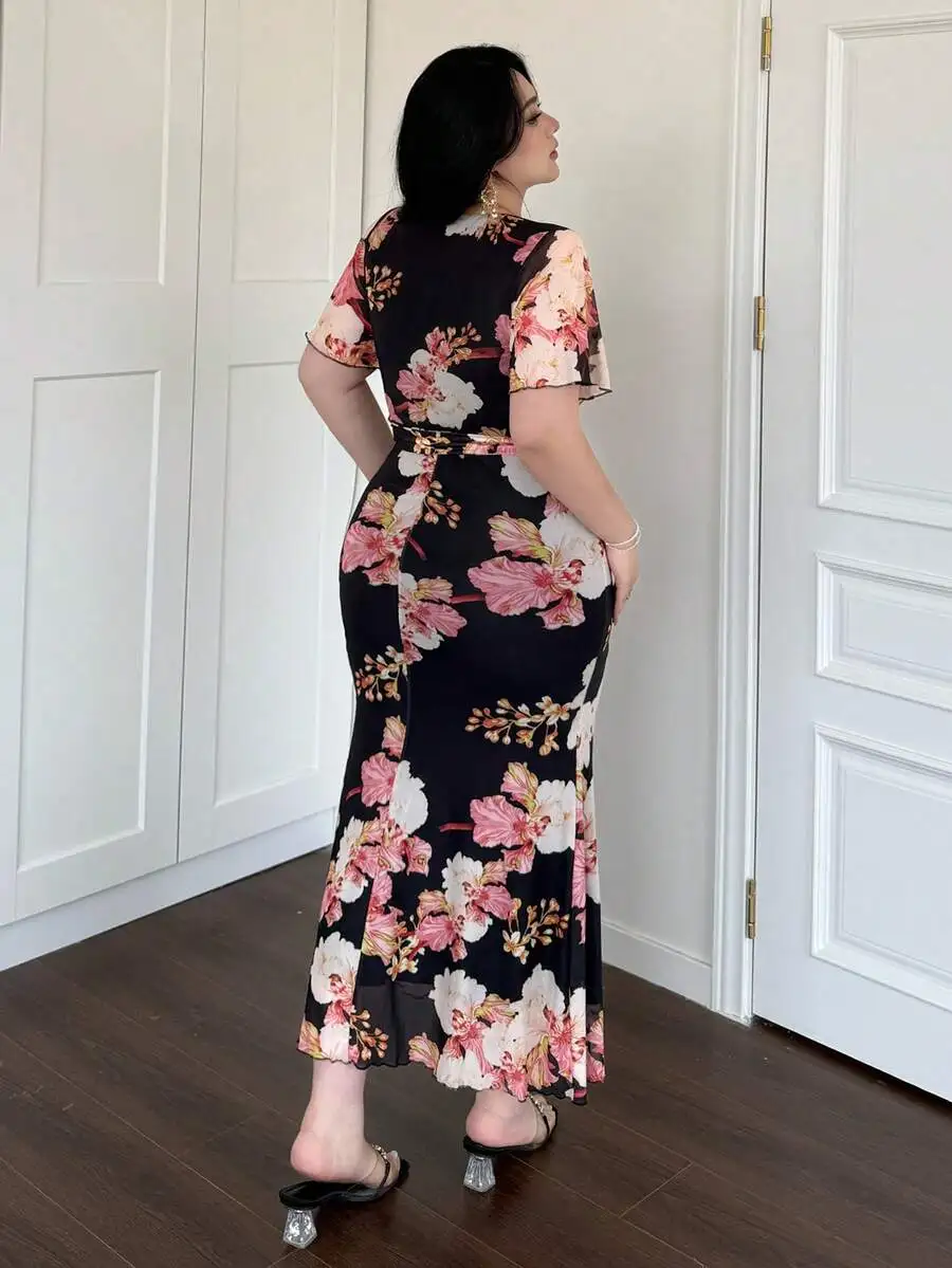 

Plus Size Women Floral Print Deep V-Neck Tie Waist Fitted Fishtail Hem Dress Summer Elegant Dinner Outfit