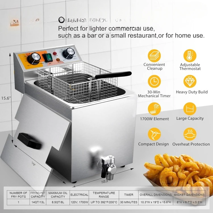 Commercial Deep Fryer with 6.8 Qt. Basket, for Restaurant and Home - 120V, 1700W, Stainless Steel Build