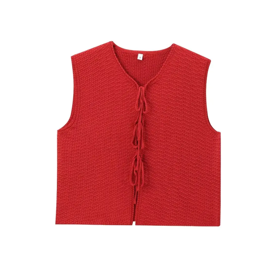 Tangada 2024 Fashion Women Solid Bow Knitted Sweater Jumper Sleeveless Cropped Cardigan 3H0682