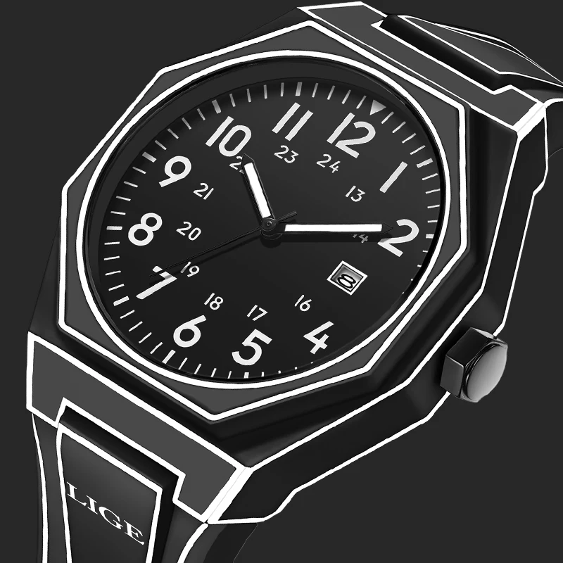 LIGE Modern Simple Sketch Creative Quartz Man Watch Waterproof Silicone Strap Comic Style Auto Date Casual Sport Watches for Men