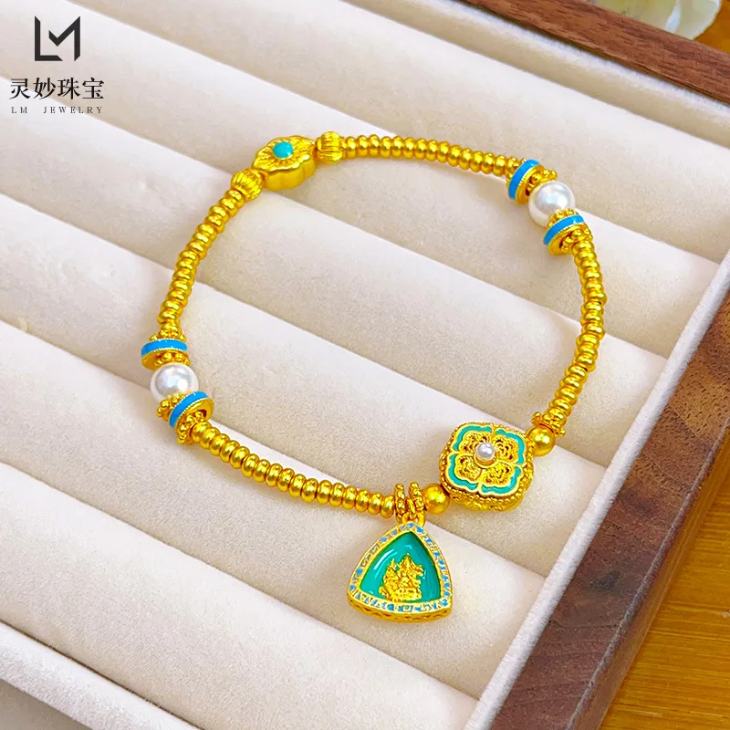 

Роскошные ювелирные изделия из настоящего золота 9999 24 карата, браслет с одним кольцом, инкрустированный жемчугом и элитным ощущением, чтобы подарить своим подруге