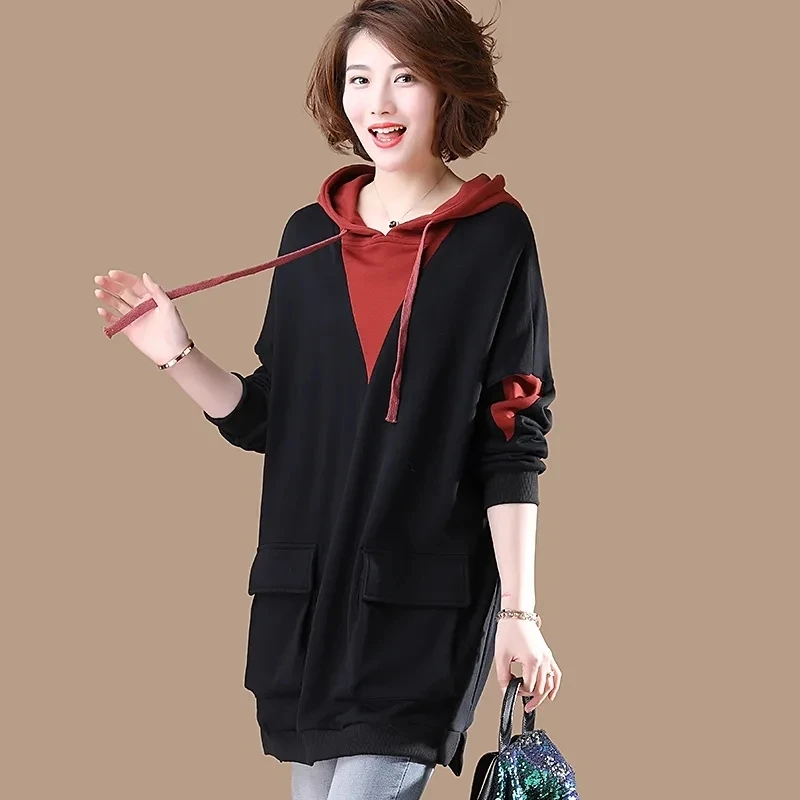 

Women's Sweater Fashion 2023 Jacket Korean Spring Loose Mid-length Stitching Top Middle-aged Mother Hooded Autumn Wild Pocket