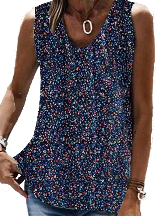 Top a pois stampato floreale con scollo a v senza maniche da donna taglie forti