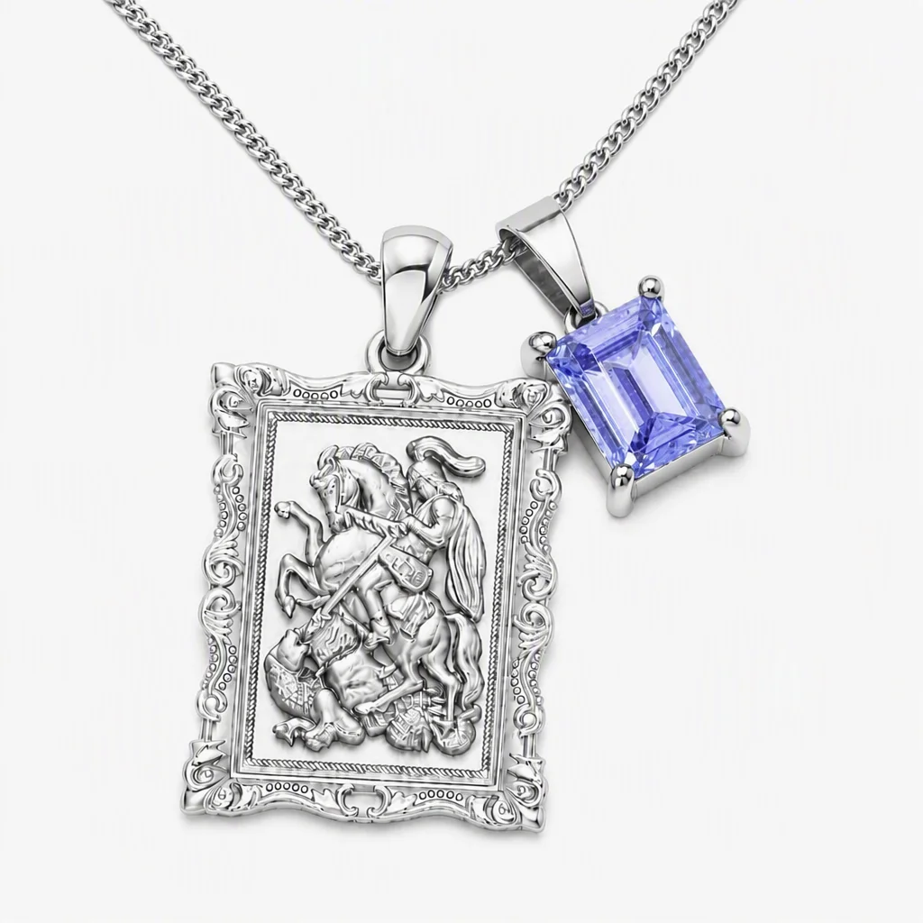 St. George Dragon Slayer Necklace, Gold Plated Zinc Alloy Inlaid Gemstone Luxury Cuban Link Chain Pendant