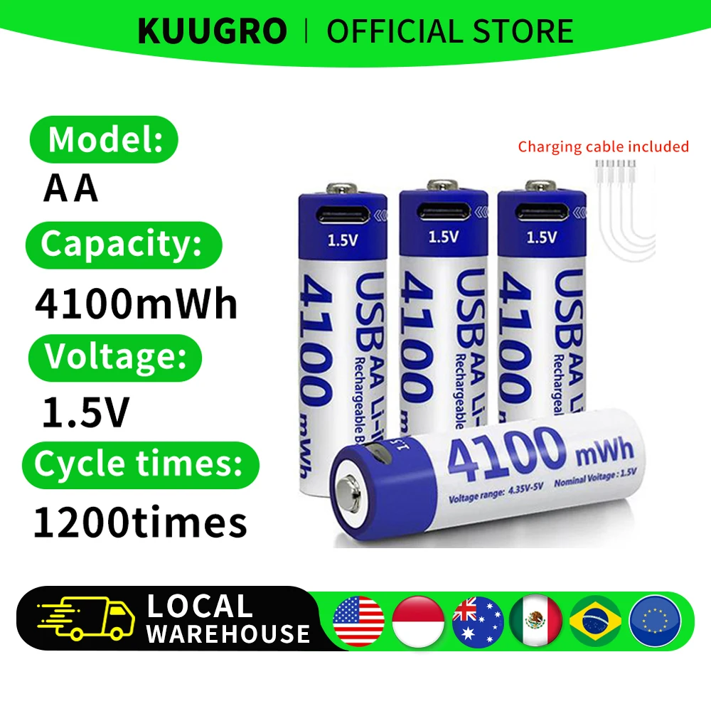 Kuugro AA 1.5V 4100mWh USB Rechargeable Battery Type-C Rechargeable AA Li-ion Battery for Remote