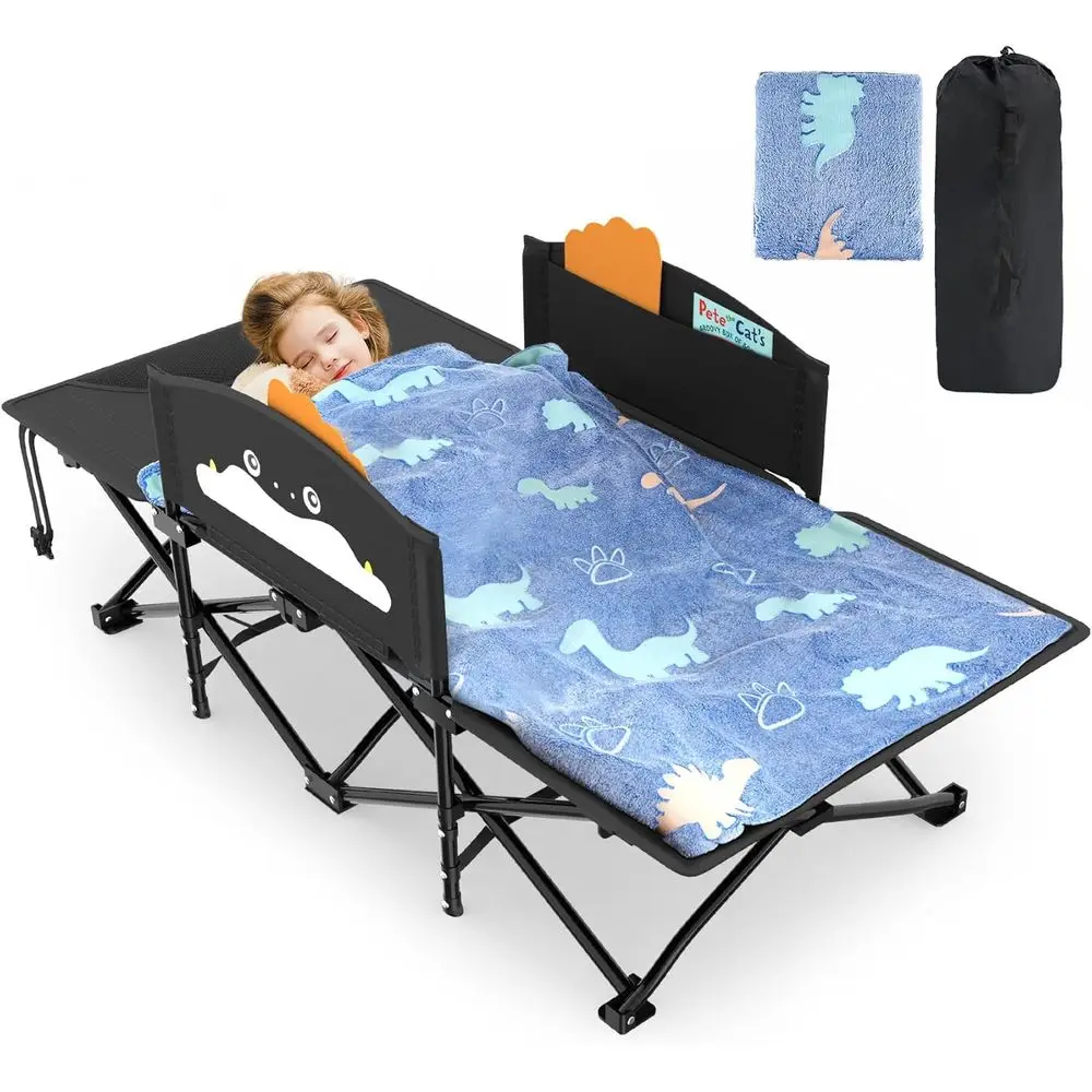 

Портативная кровать для малышей с мультяшным ограждением, одеялом, длиной 56 дюймов, выдерживает до 330 фунтов, черная.