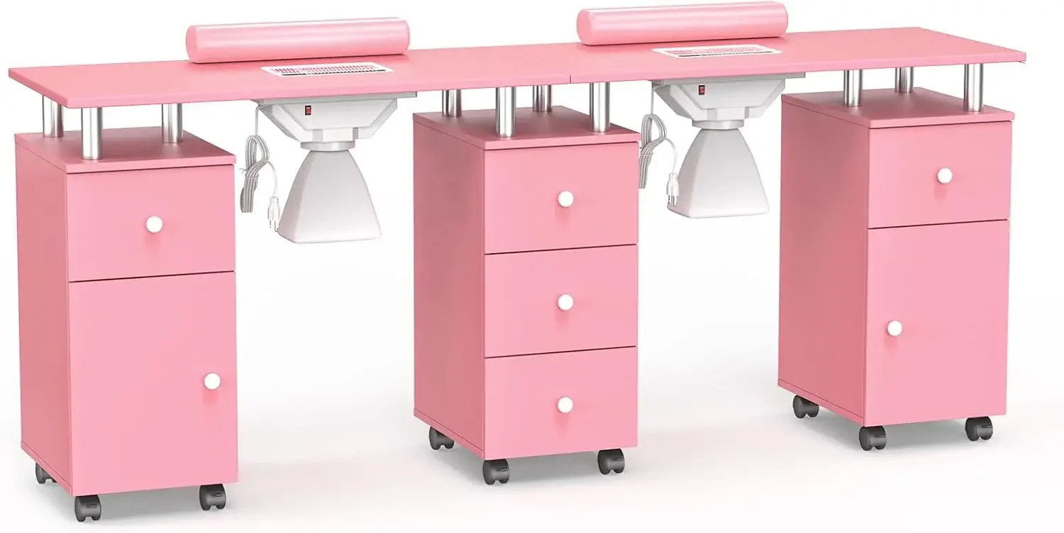Double Manicure Table with Dust Collector | Pro Nail Tech Station w/Wheels, Drawers & Arm Rest | Acetone-Resistant Storage Desk