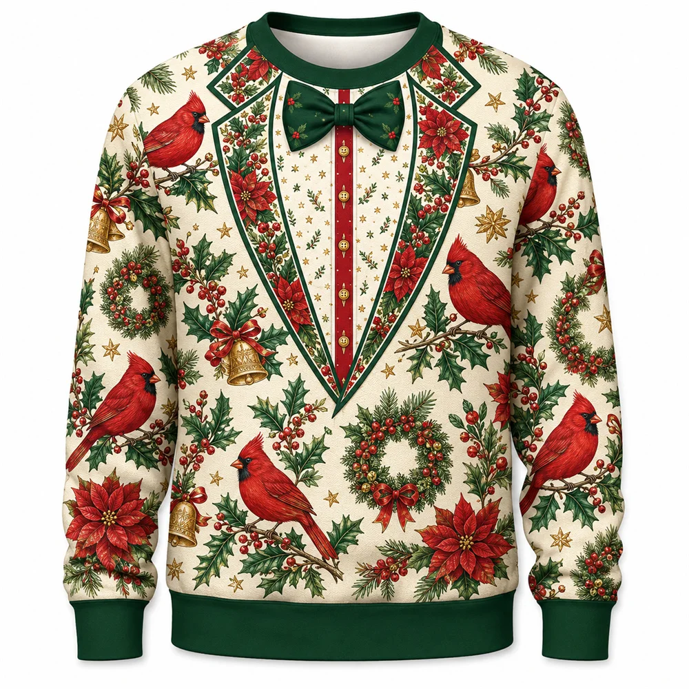 3D Print Funny Fake Lapel Bow Christmas Ugly Sweater Holiday Fashion Long Sleeve Crew Neck Sweatshirt Humour Design Xmas Gift