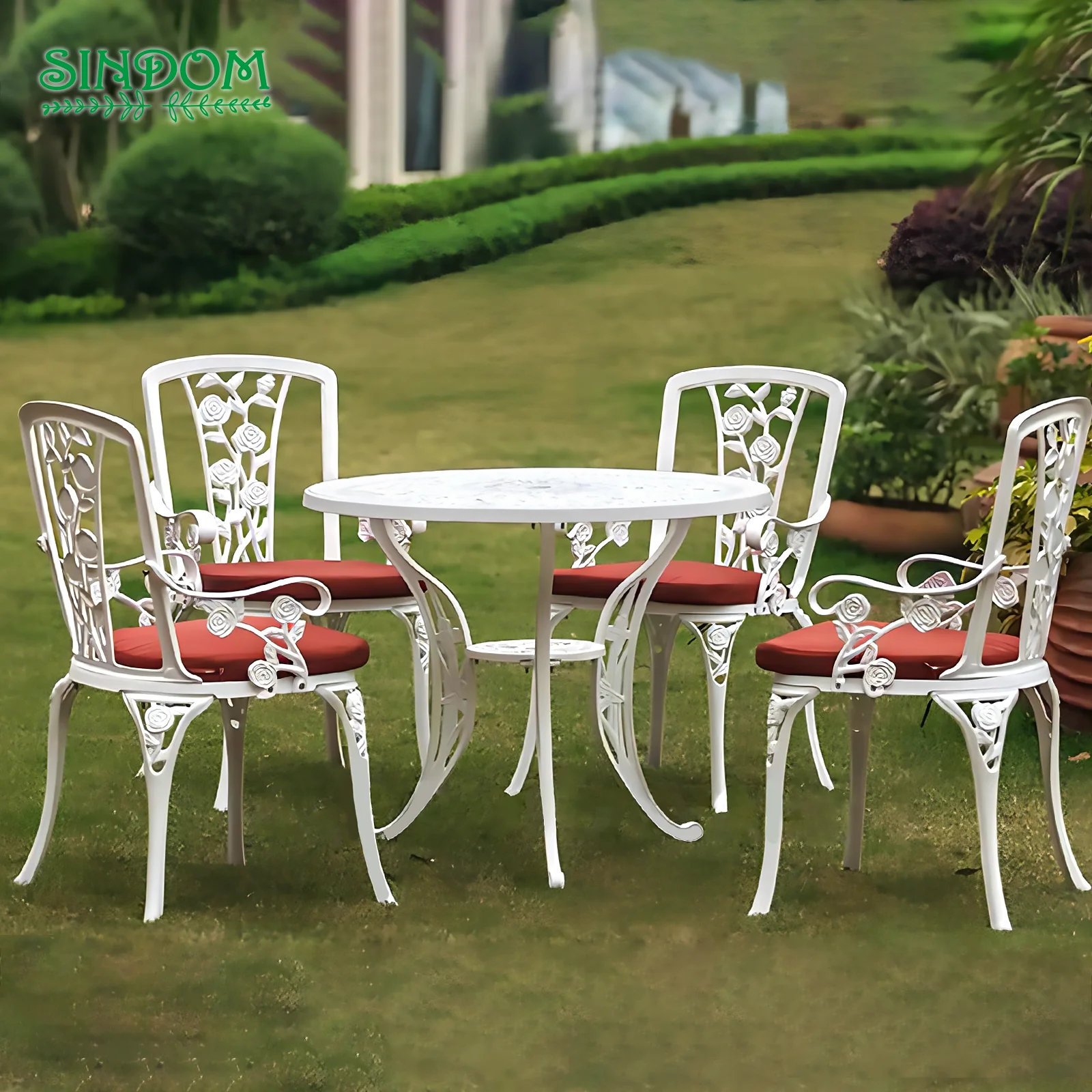 2023 Outdoor Garden Furniture Set Patio White Rose Design Table and 4 Chairs