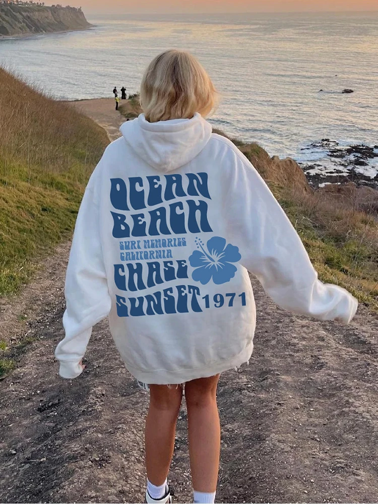 Ocean Beach Chase Sunset 1971 Letter Printed Long Sleeve Plus Size Hoodie Women Sweatshirts Harajuku Girl Casual Streetwear