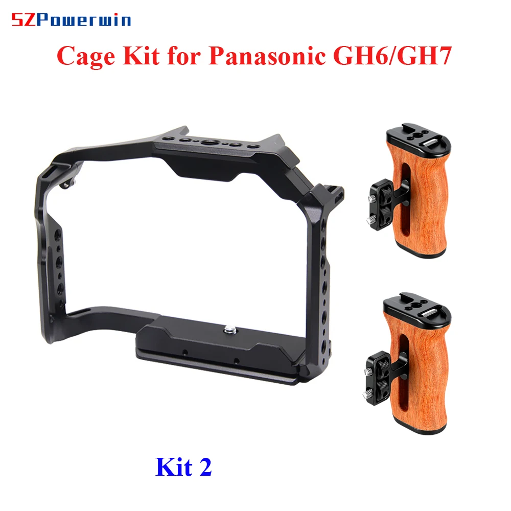 Powerwin Camera Cage Kit for Panasonic GH7 GH6 Stabilizer Rig Protective Frame Gimbal Arri Locating Screw Wooden Handle