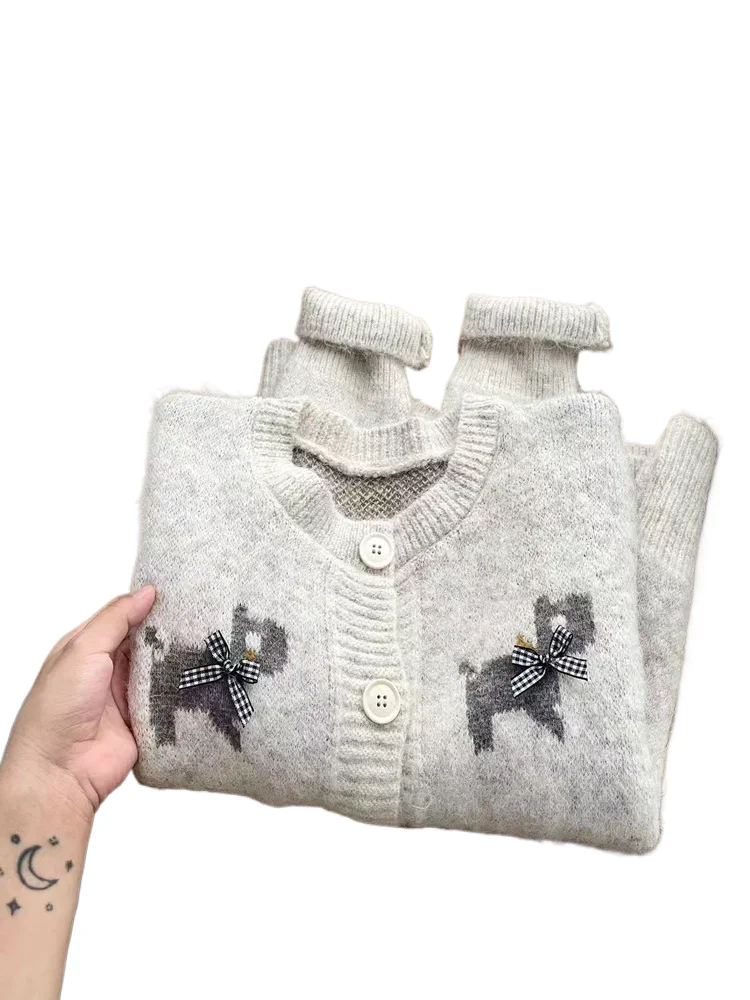 

Жаккардовый свитер для маленьких собак, вязаный свитер, женский корейский ленивый стиль, кардиган с бантом, осень-зима, свободное пальто с длинными рукавами и круглым вырезом