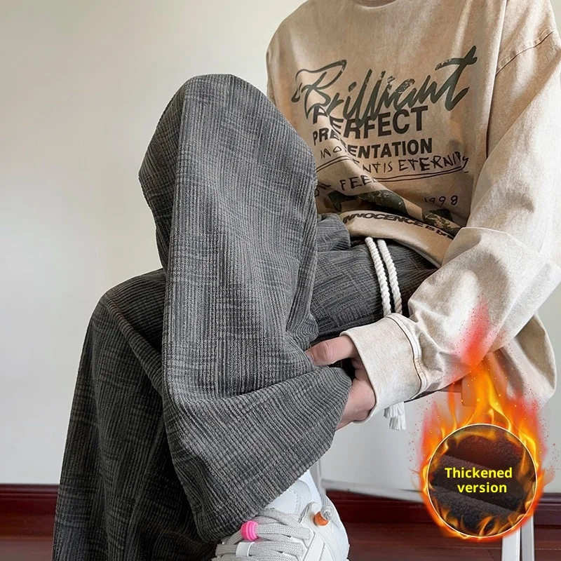 

Mens Tie Dye Checkered Corduroy Pants Thick Fleece Lined Loose Straight Leg Winter Hong Kong Style Wide Leg Trousers for men