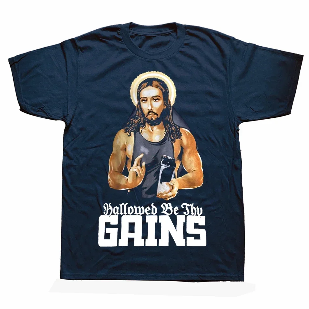 Streetwear Short Sleeve Birthday Gift T-shirt Men Hallowed Be Thy Gains Funny Muscle  Weight Lifting Workout Humor T Shirts