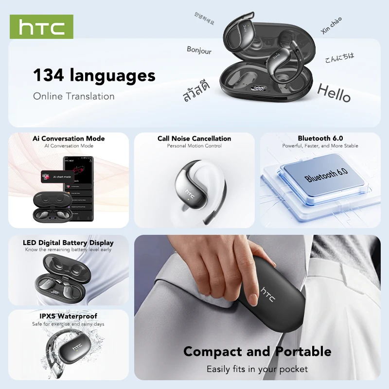Open Ear Bluetooth Earphone HTC NE57 Original AI Simultaneous Translation Headphones HIFI Sound Quality Low Latency Earbud