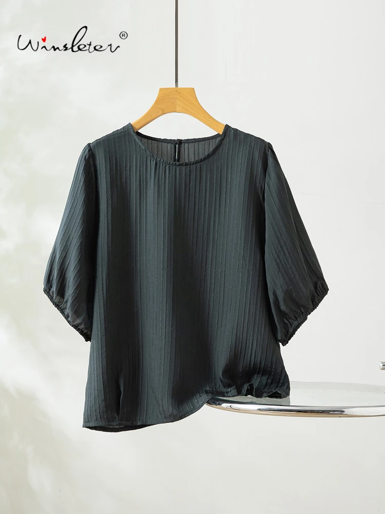 Winsleter-100%Real Silk Bubble Crepe Elegant T-Shirt, Short Sleeve Solid, Women French Retro Loose Top, 2026 Summer New T65739CC