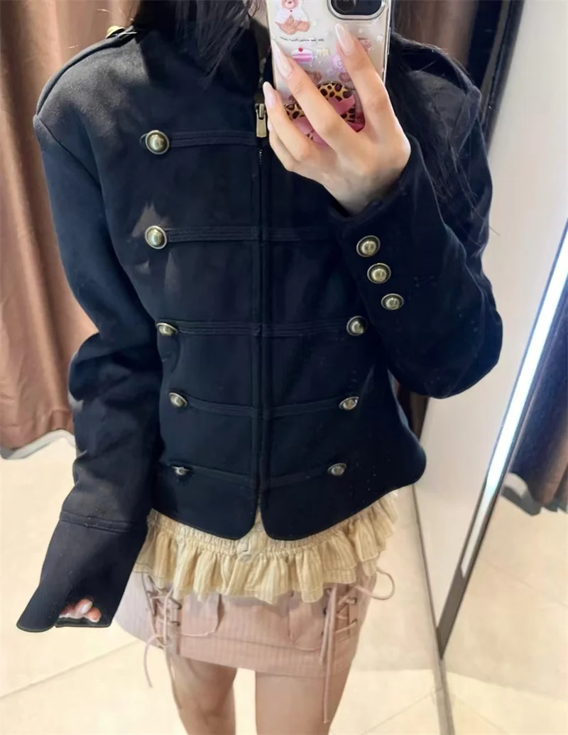 Guobioziy Women's Jacket 2026 Fall New Black Long-Sleeve Suede-Texture Button Napoleon Knight Style Jacket Parka Unique