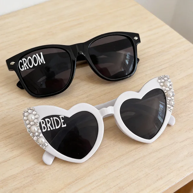 1pcs Groom Bride Letters Pearl Heart glasses for Bride To Be Hen Bachelorette Party Honeymoon Wedding Decoration Supplies Gift 3