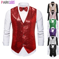 Shiny Red Sequin Sparkling Dress Vests Men 2pcs Glitter Vest with Bowtie Men Wedding Stage Party Nightclub Costume Chalecos 2XL