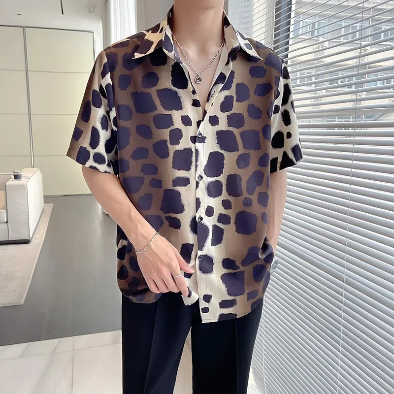 Camisa con estampado de leopardo para hombre, ropa informal holgada de manga larga, esmoquin de fiesta con solapa Social, verano, 2023