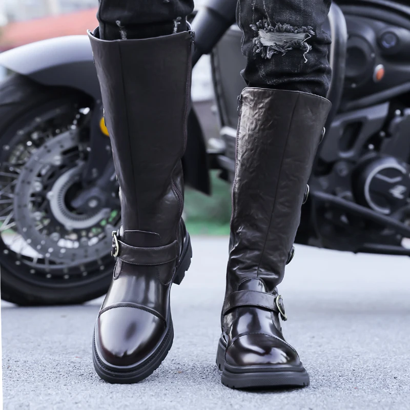 

Black Fashionable Men High Top Boots with Buckle Side Zipper Breathable Height Increasing Non Slip Motorcycle Boots（39-48）