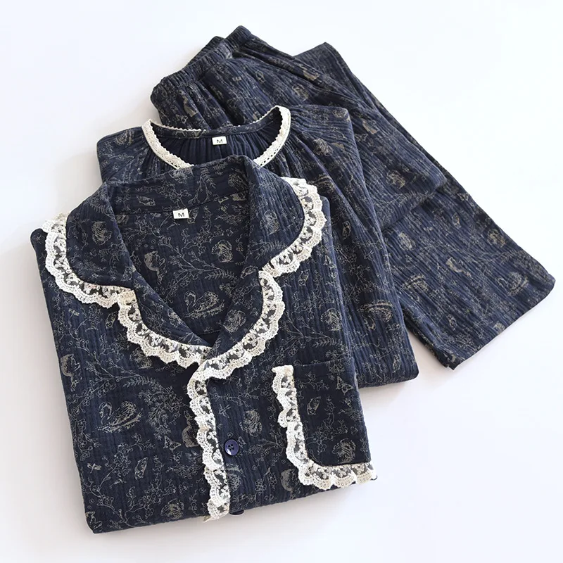 

Women's Cotton Double-layer Pajamas for Spring Dignified and Elegant Long-sleeved Tops and Pants Navy Sleepwear Clothes