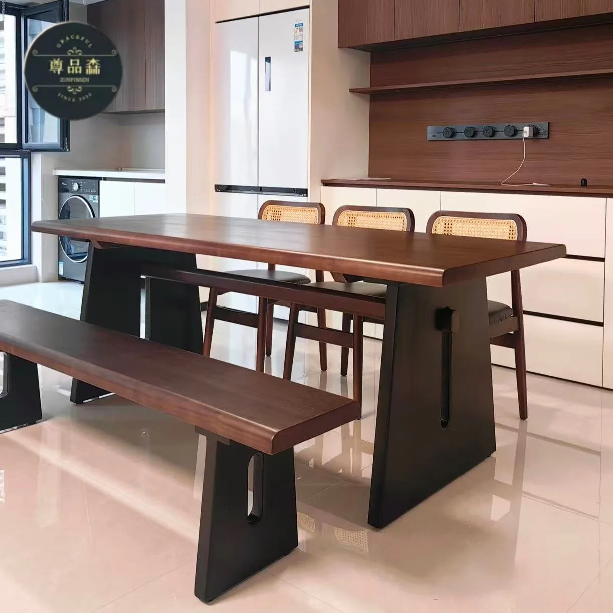 Medieval style all solid wood dining table horizontal hall sofa back long table desk ash wood large board table