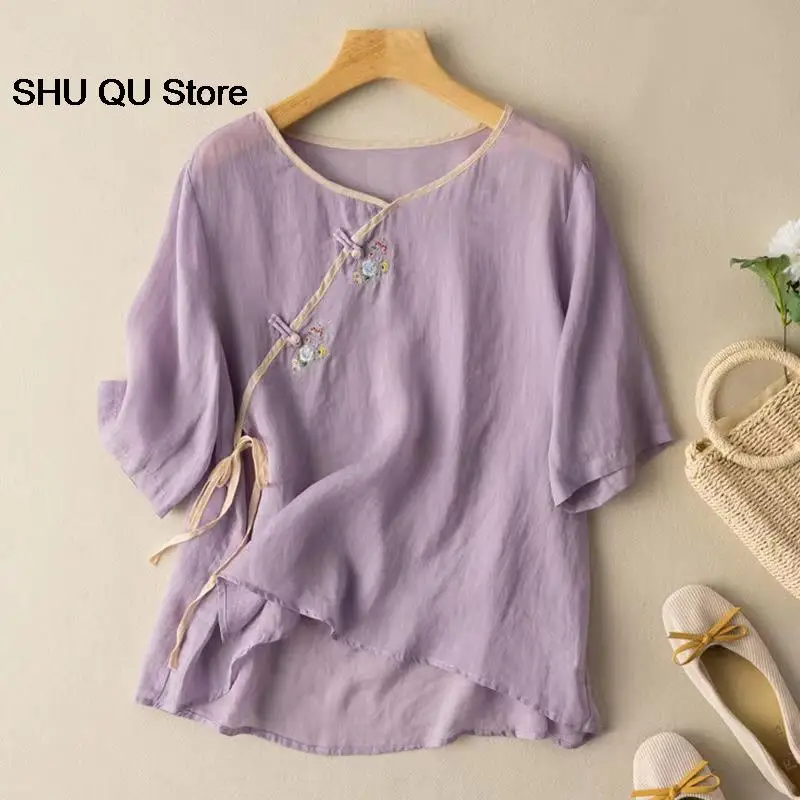 New Spring Summer Traditional Chinese Clothing Women Clothes  Short Sleeve Top Loose Hanfu Tang Suit Round Neck Literary T-shirt