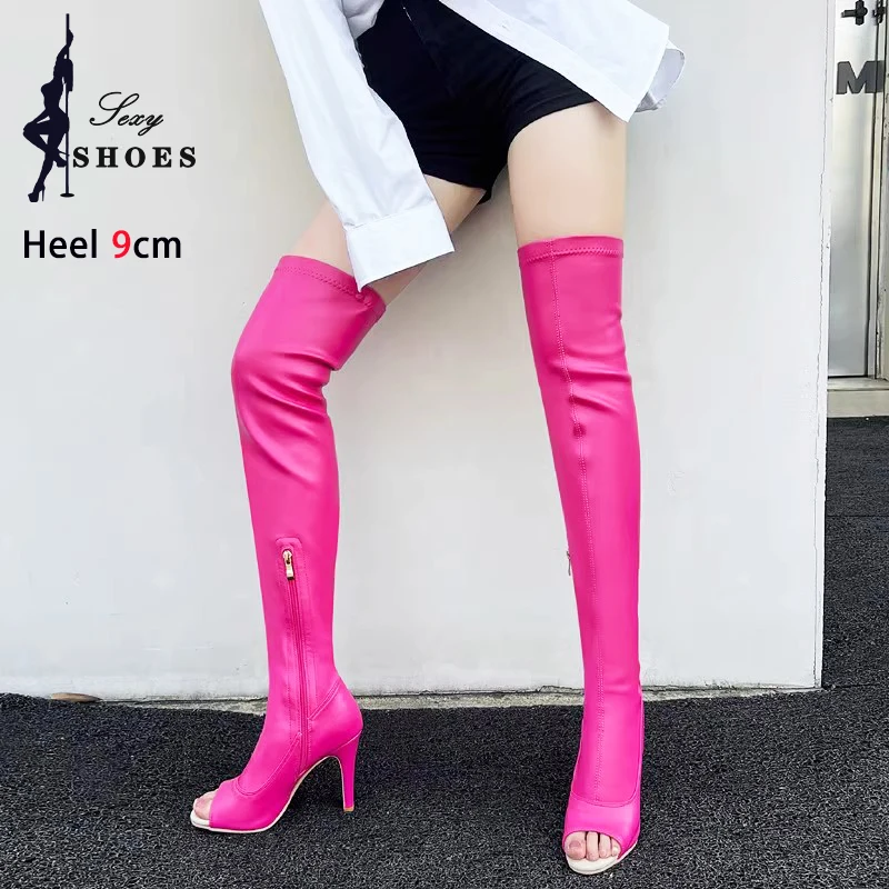 Over The Knee Peep Toe High Heel Boots Women Side Zipper Long Shoes Stretch Patent Leather Booties Plus Size 46 Thigh High Boots