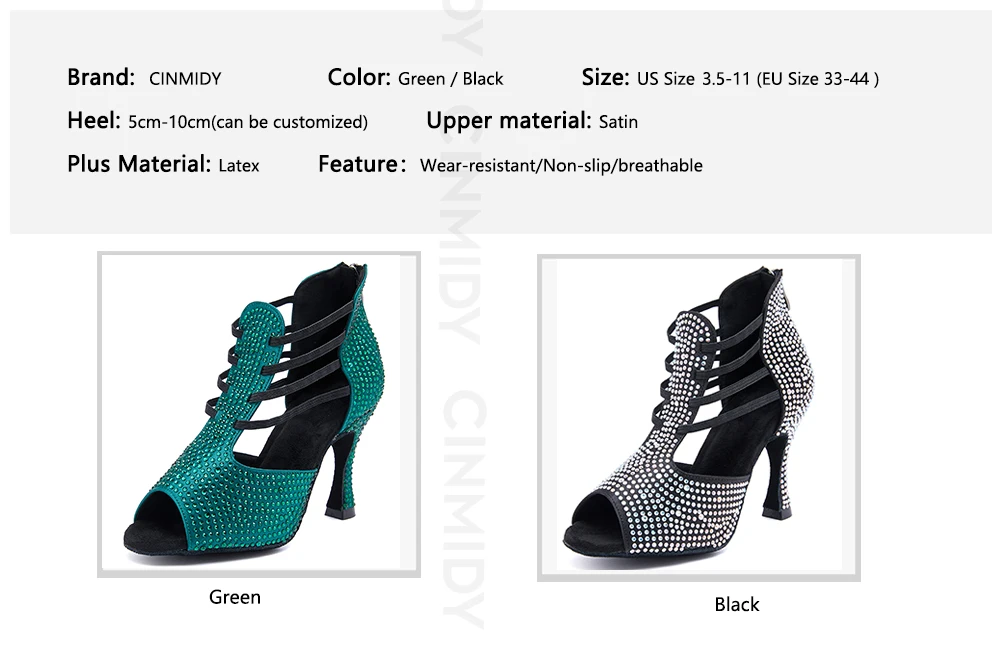 CINMIDY Schwarze Latein-Tanzschuhe für Damen, Salsa-Tanzschuhe mit Strass, Weiche Sohle, Ballsaal-Tanzsandalen, Party-High-Heels – Detail 5